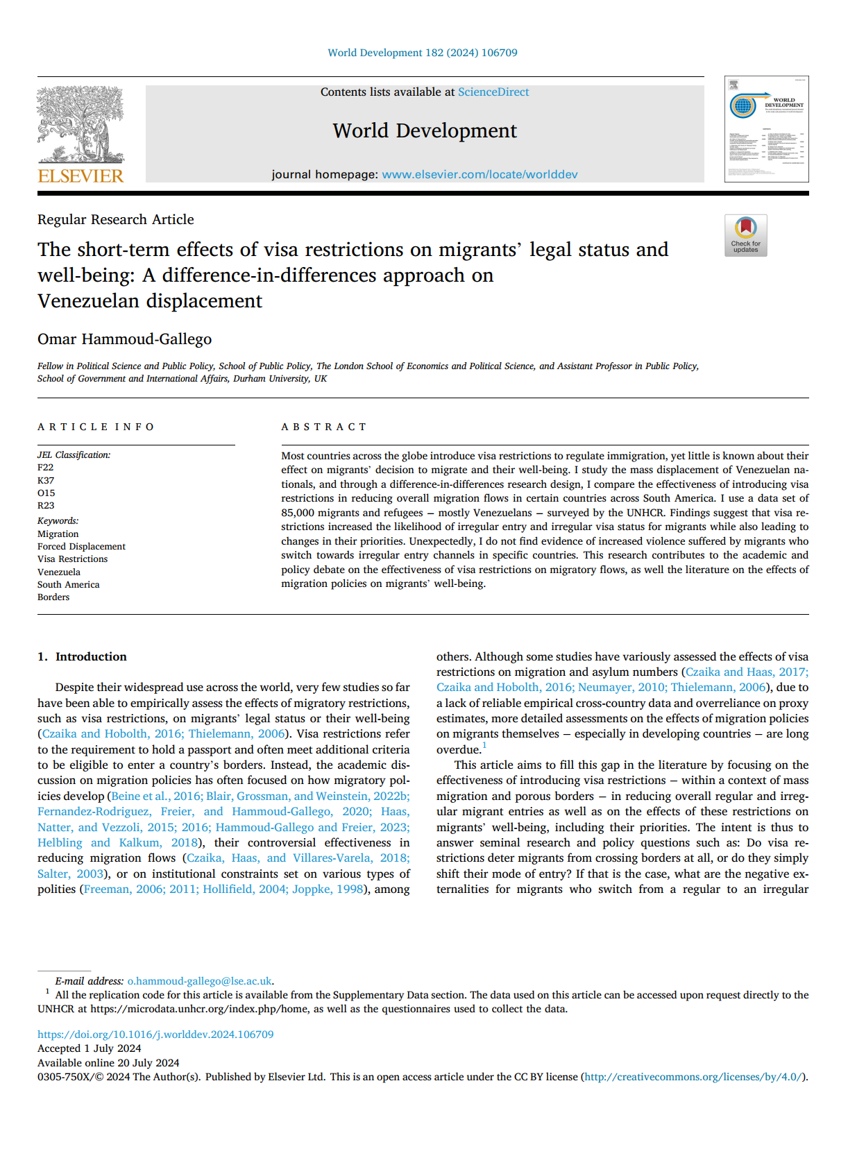 The short-term effects of visa restrictions on migrants’ legal status and well-being: A difference-in-differences approach on Venezuelan displacement